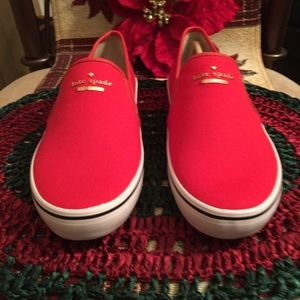 KATE SPADE NY SYLUS NIB AUTHENTIC MARASCHINO RED CANVAS GOLD SIGNATURE SNEAKERS